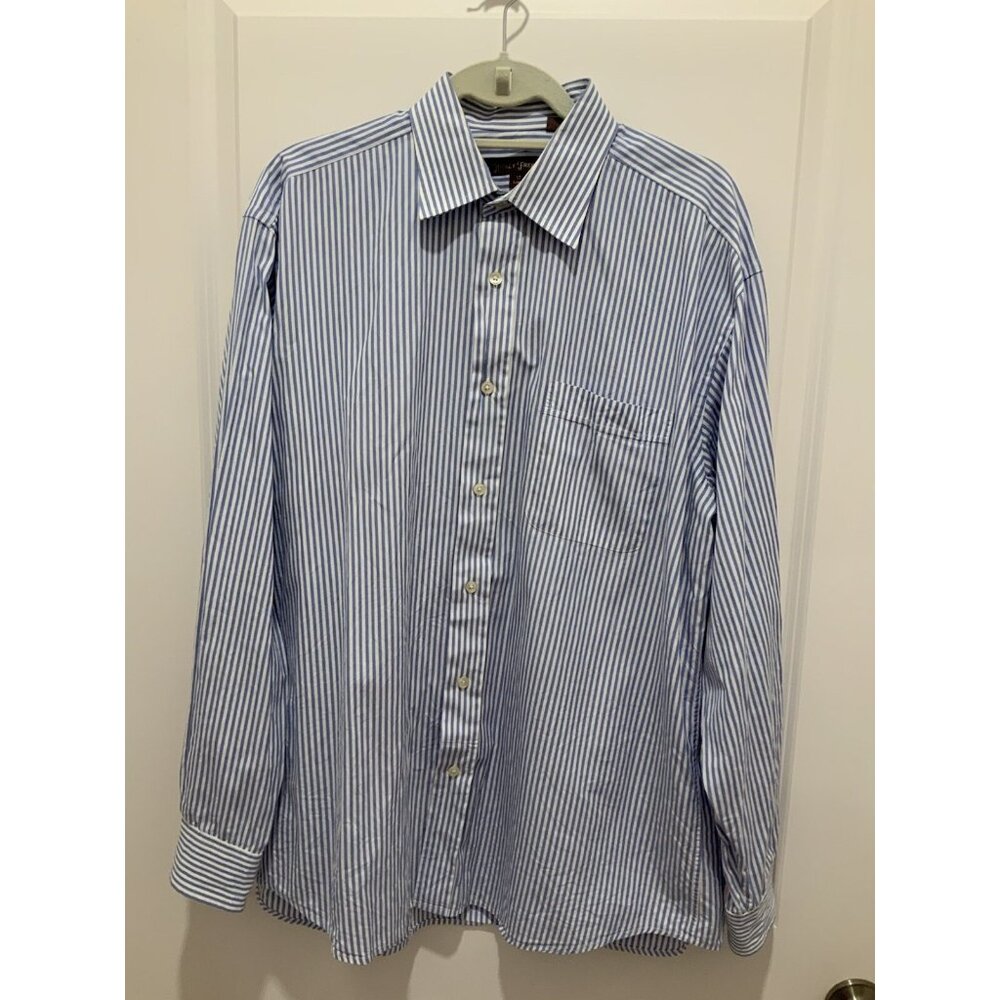 Hickey Freeman Button Up Shirt 17 Long Men's White Blue Striped Long Sleeve